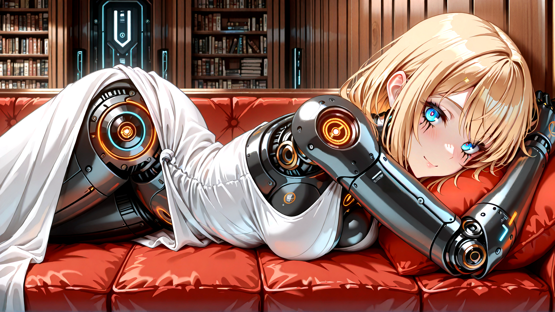AI generated wallpaper featuring robot, girl, sofa, bookshelf, bedsheet, mechanical arm, eye, cabinet, red cushion, blond hair