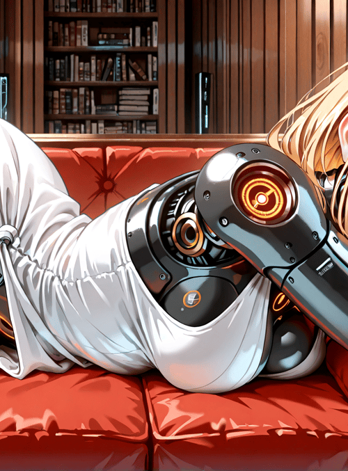 robot, girl, sofa, bookshelf, bedsheet, mechanical arm, eye, cabinet, red cushion, blond hair
