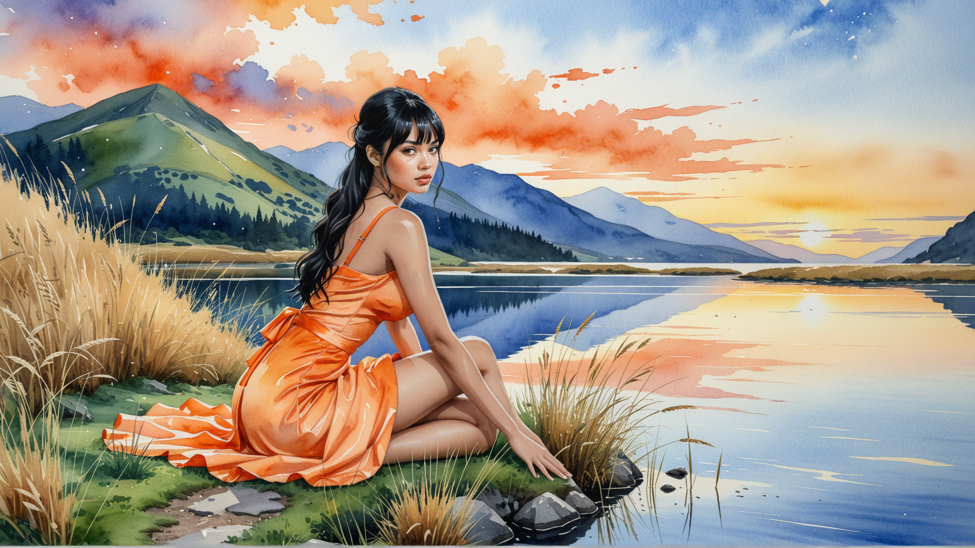 AI generated wallpaper featuring woman, dress, lake, mountain, grass, sky, sun, cloud, rock, flower