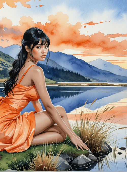 woman, dress, lake, mountain, grass, sky, sun, cloud, rock, flower