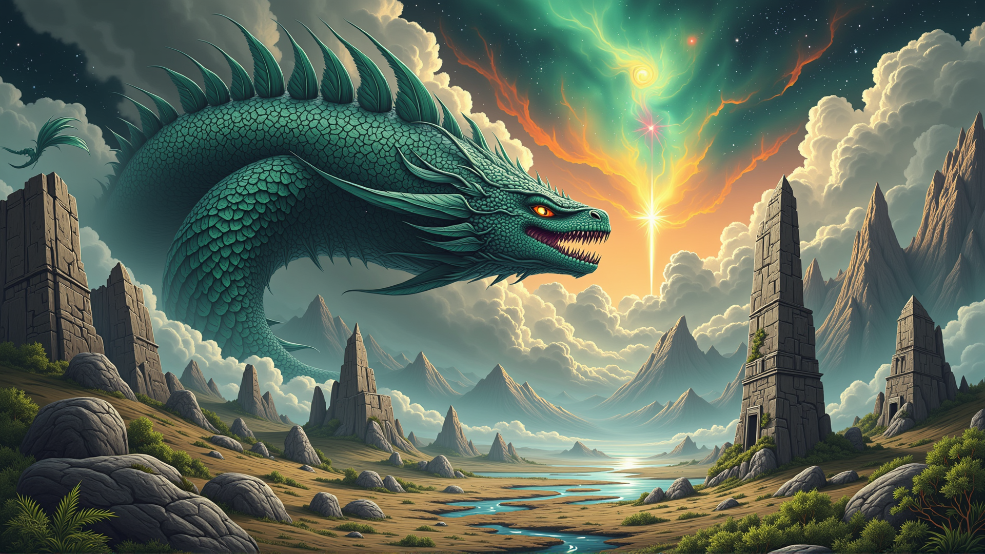 AI generated wallpaper featuring dragon, mountains, monument, clouds, river, sky, stone, sunset, aurora, trees