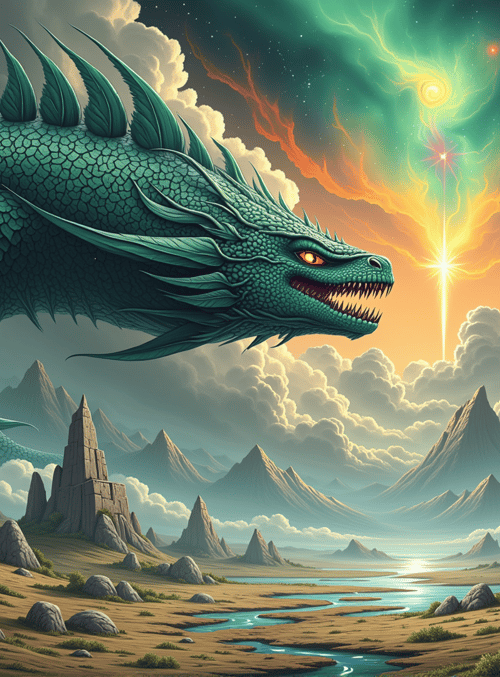 dragon, mountains, monument, clouds, river, sky, stone, sunset, aurora, trees