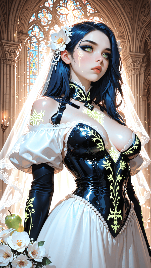 AI generated wallpaper featuring woman, bride, gown, corset, veil, flowers, apple