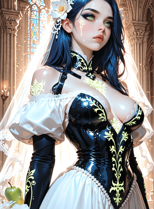 woman, bride, gown, corset, veil, flowers, apple