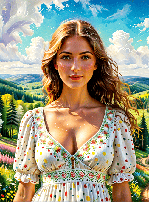 woman, flower field, house, trees, landscape, sunlight