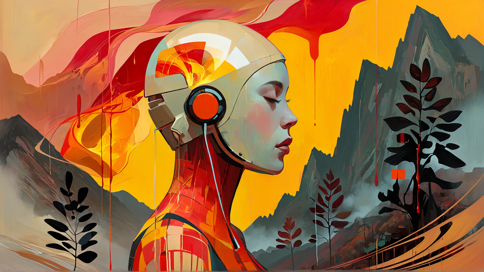 AI generated wallpaper featuring robot, helmet, mountain, plant, landscape