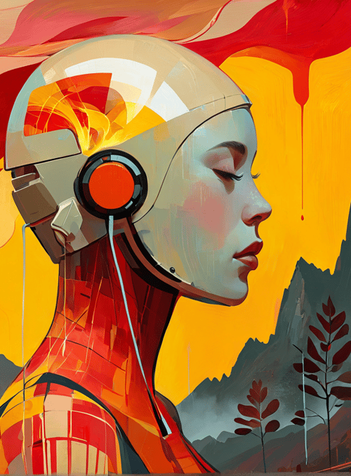 robot, helmet, mountain, plant, landscape