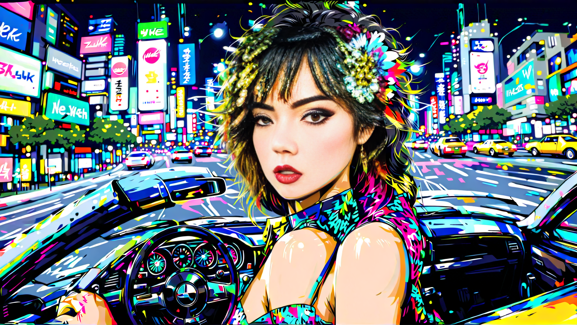 AI generated wallpaper featuring woman, car, city