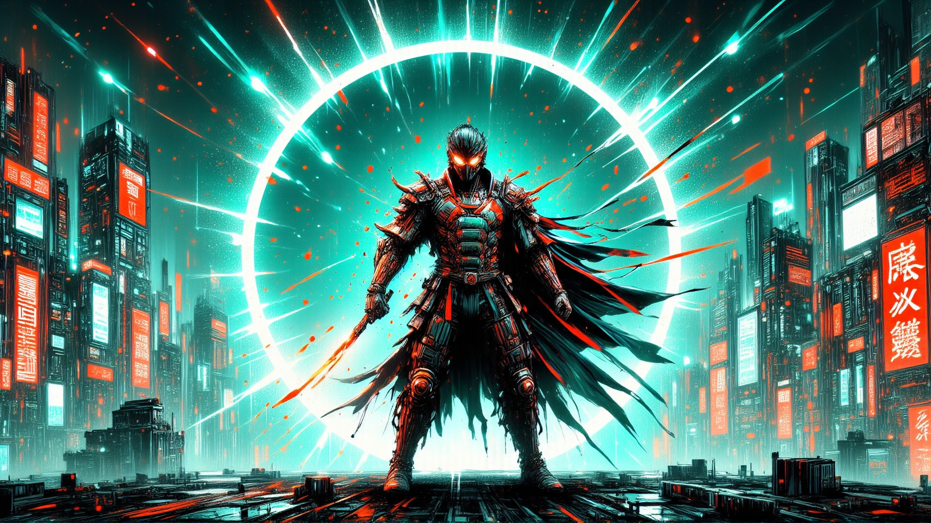 AI generated wallpaper featuring cyborg, warrior, cityscape