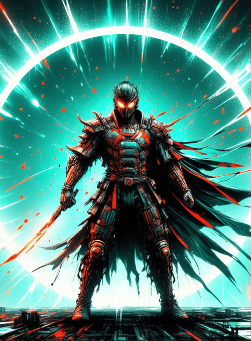 cyborg, warrior, cityscape