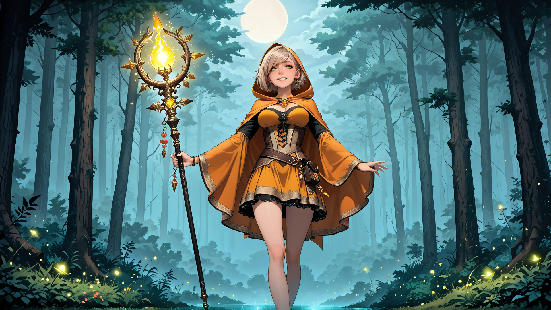 AI generated wallpaper featuring witch, forest, moon, staff, fairy, fairy lights, trees, hood, dress, glowing