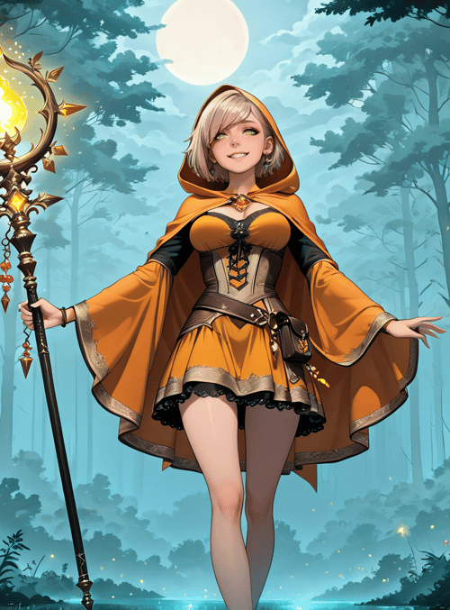 witch, forest, moon, staff, fairy, fairy lights, trees, hood, dress, glowing