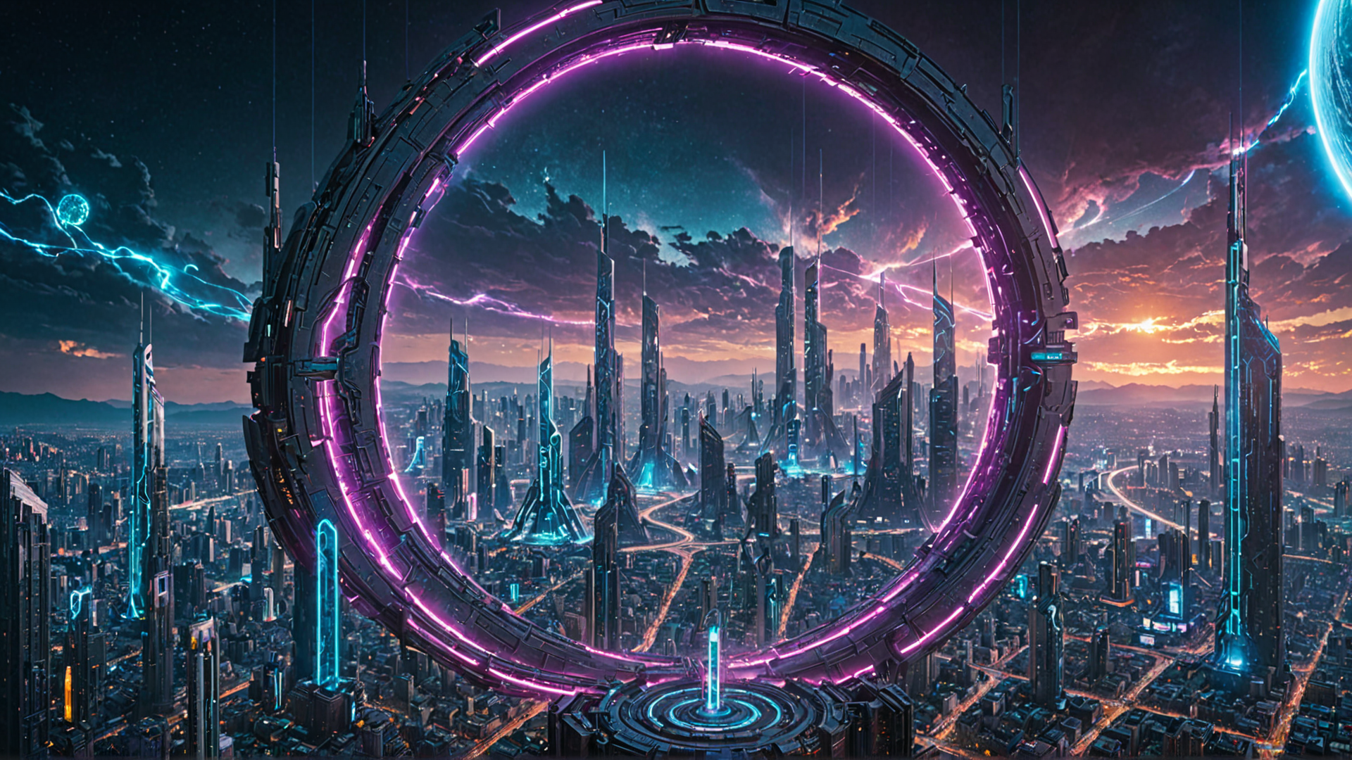 AI generated wallpaper featuring city, ring, skyscrapers