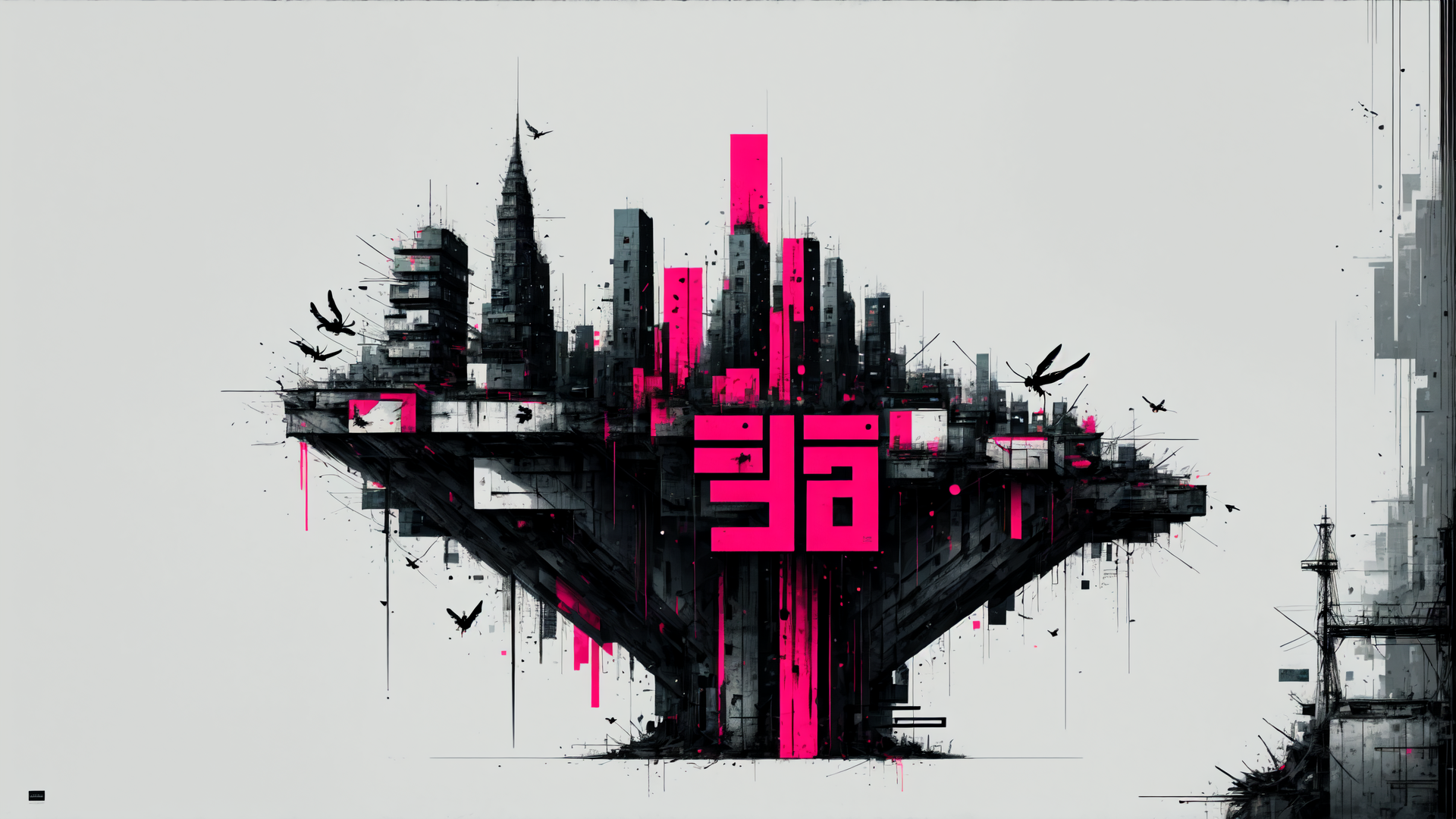 AI generated wallpaper featuring city, skyscraper, bird, building, structure, artwork, vessel, painting, urban, dripping