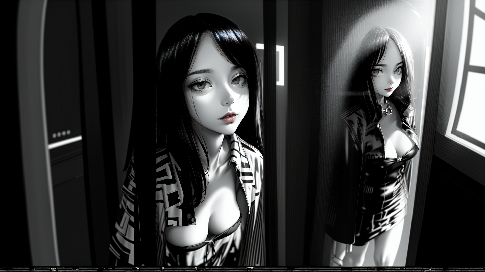 AI generated wallpaper featuring woman, reflection, dress