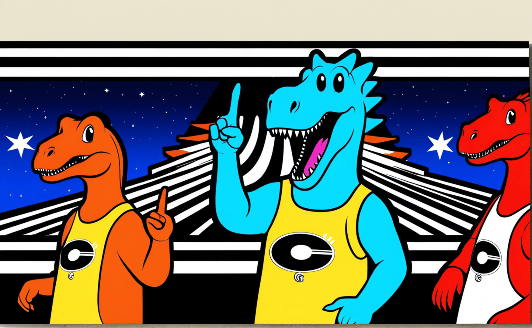 AI generated wallpaper featuring dinosaur, t-rex, stegosaurus, triceratops, sauropod, carnivore, herbivore, cartoon, character, graphic