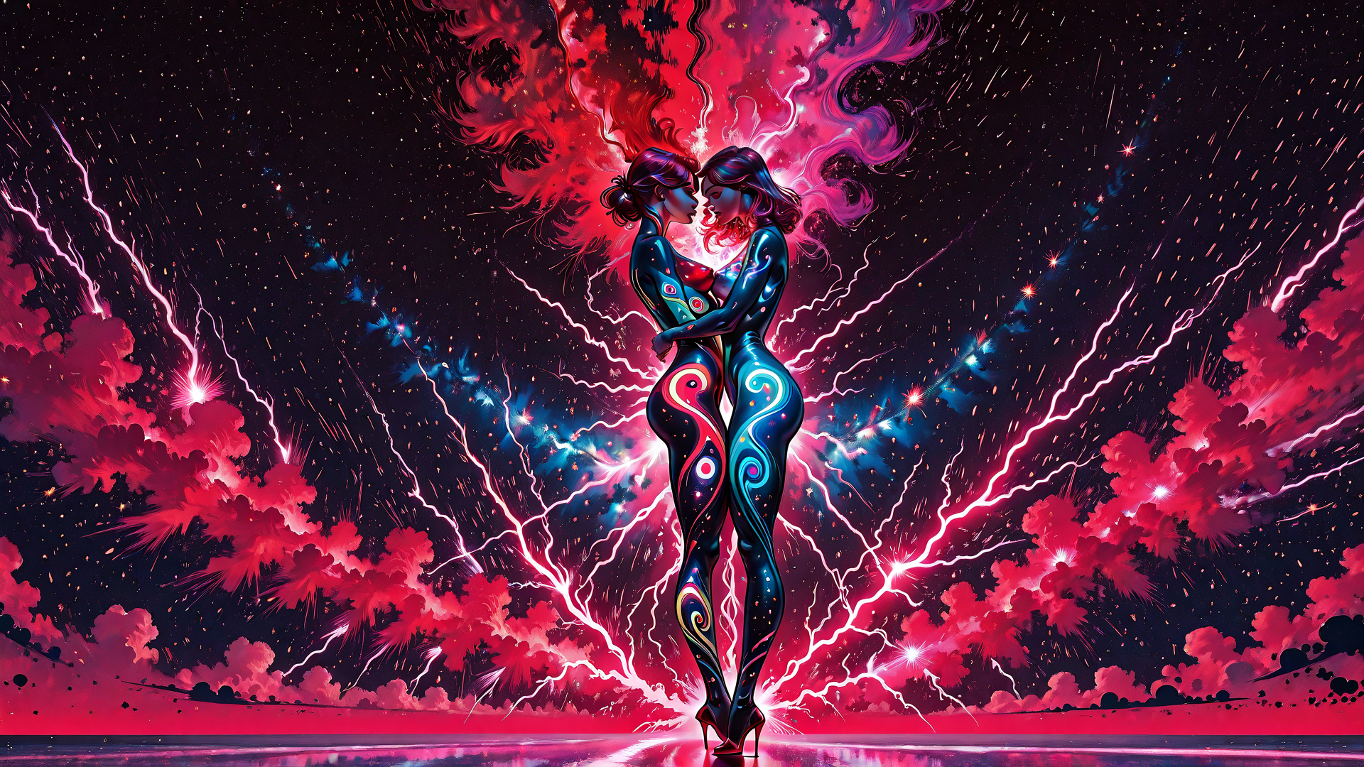 AI generated wallpaper featuring women, kiss, neon, cyberpunk, abstract, surreal, cosmic, lightning, clouds, stars