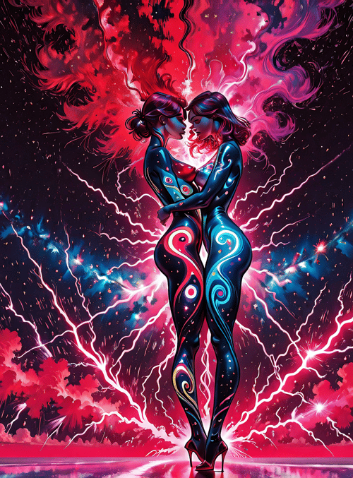women, kiss, neon, cyberpunk, abstract, surreal, cosmic, lightning, clouds, stars