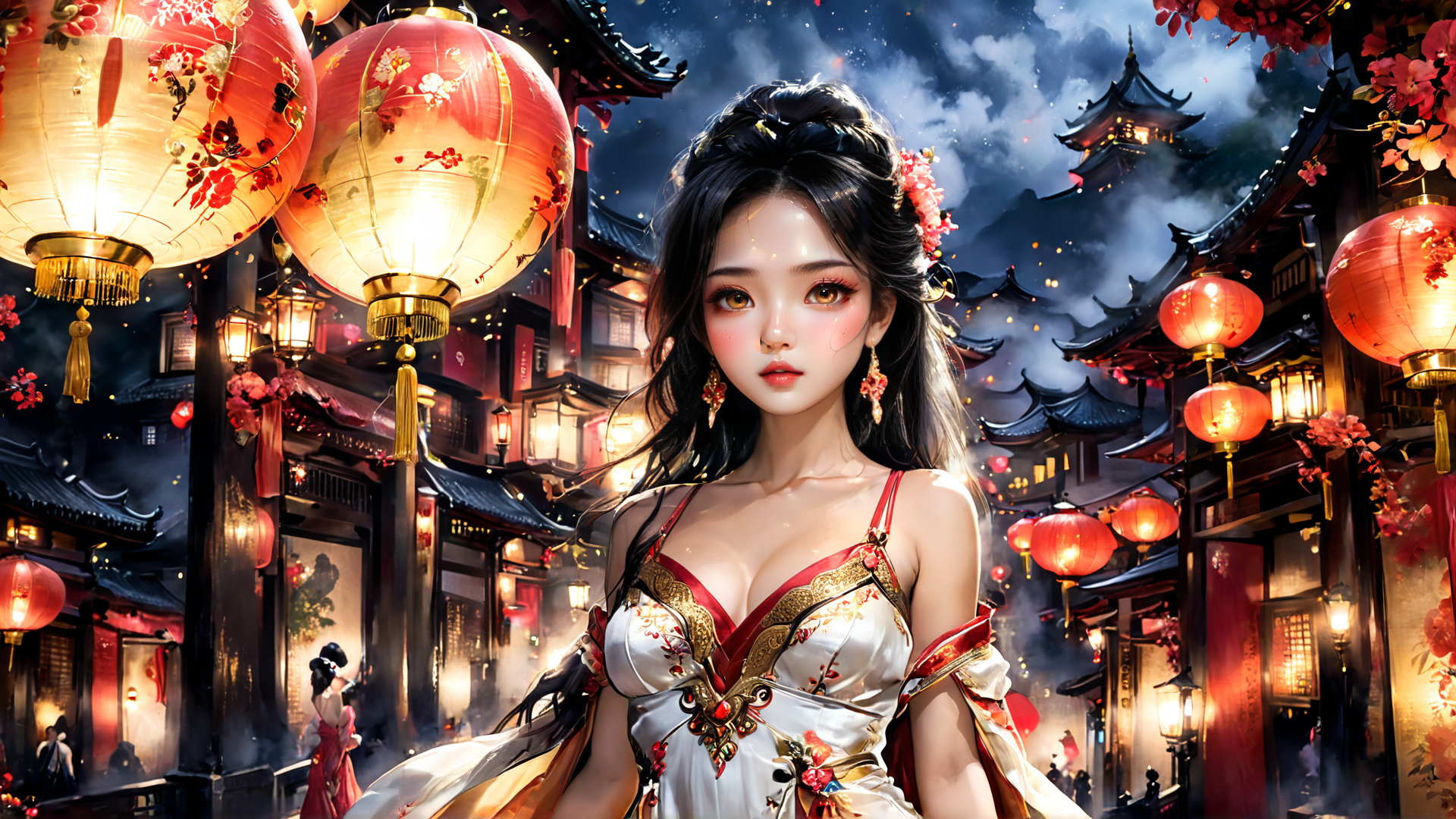 AI generated wallpaper featuring woman, lanterns, temple