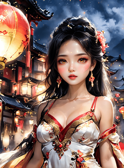 woman, lanterns, temple