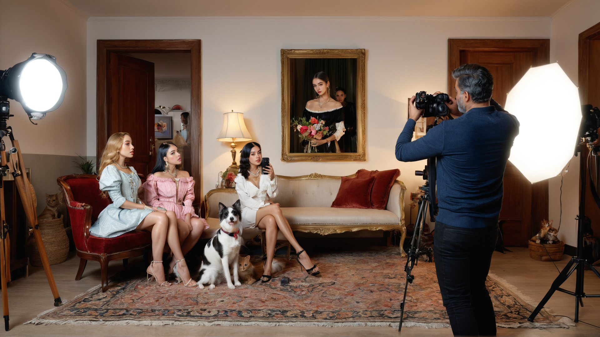 AI generated wallpaper featuring models, photographer, dog