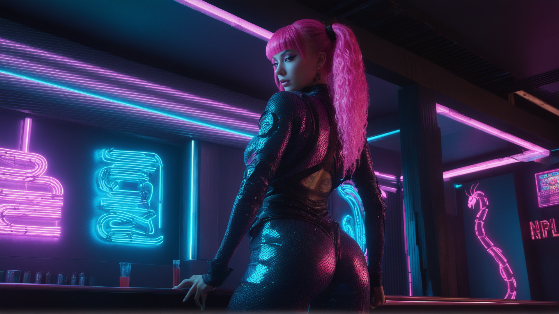 AI generated wallpaper featuring woman, neon, bar