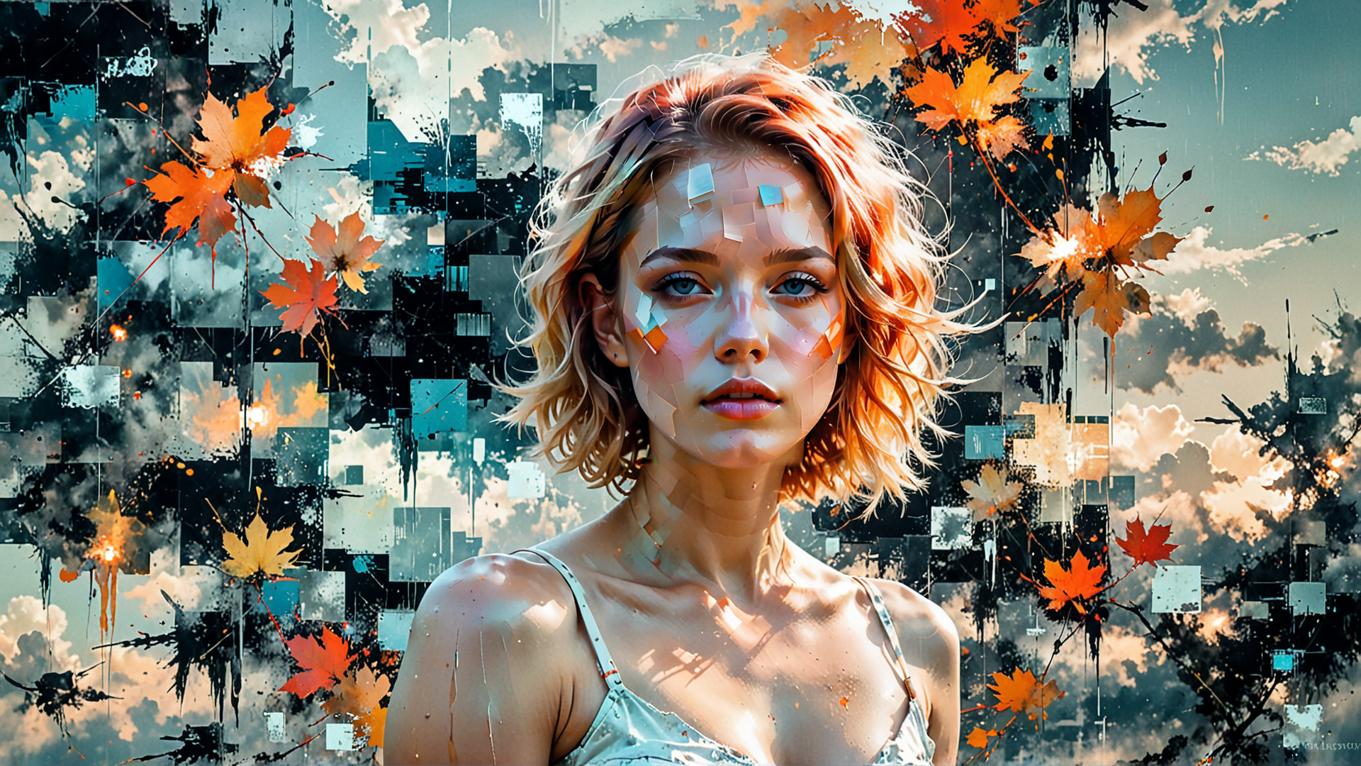 AI generated wallpaper featuring woman, leaves, cityscape, art, portrait