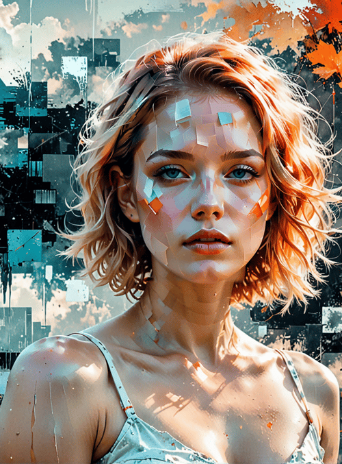 woman, leaves, cityscape, art, portrait