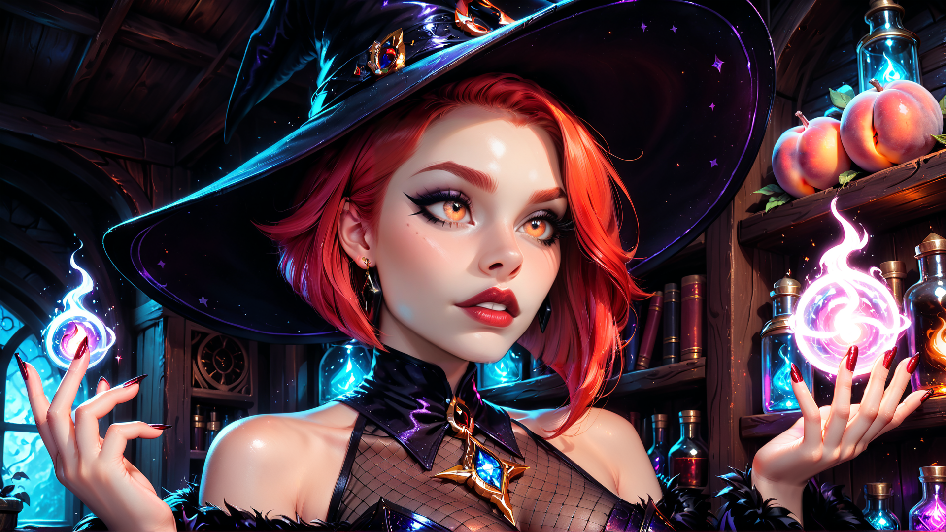 AI generated wallpaper featuring witch, hat, magic orbs, peaches, bottles, books, red hair, choker, nails, feathers