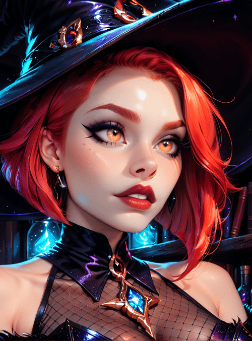witch, hat, magic orbs, peaches, bottles, books, red hair, choker, nails, feathers