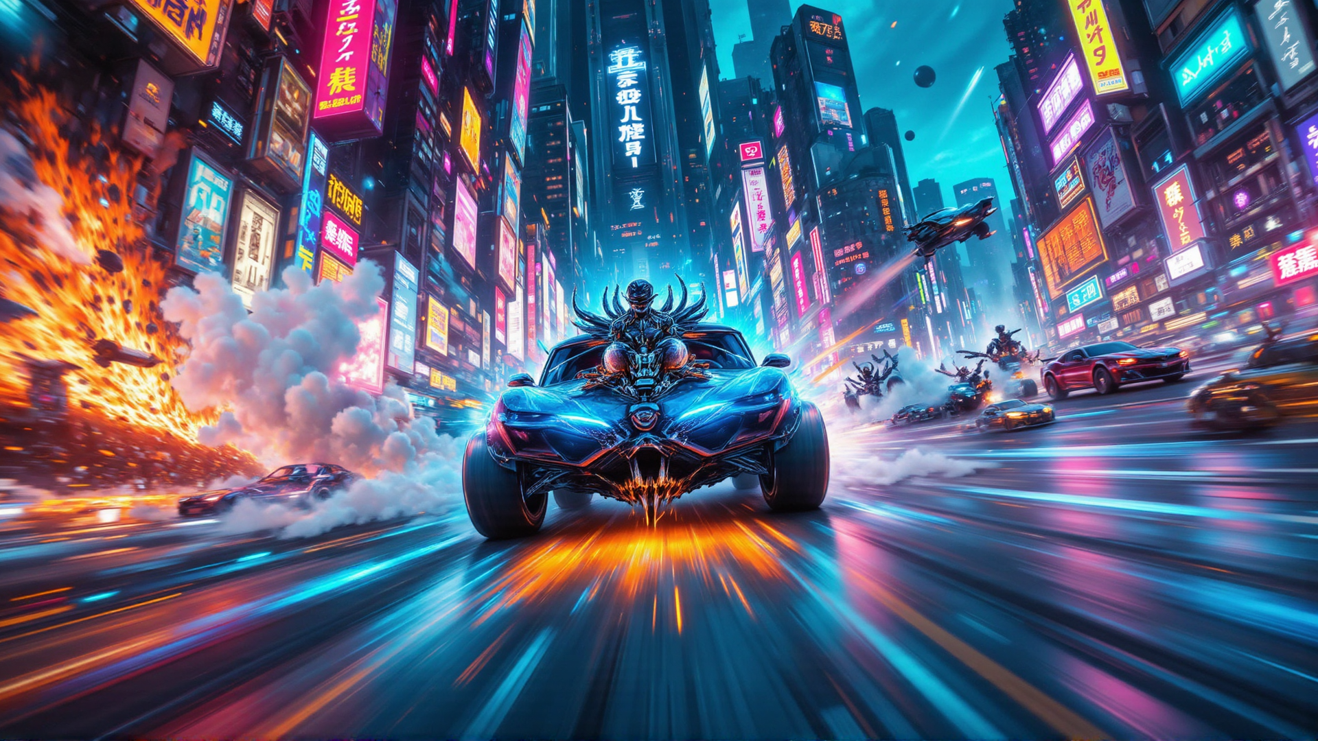 AI generated wallpaper featuring car, city, robots