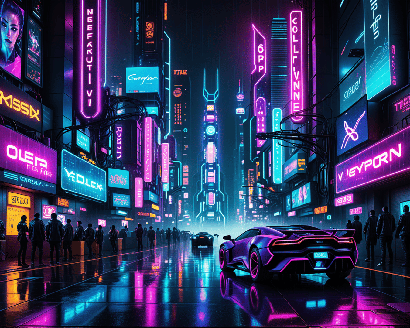 AI generated wallpaper featuring city, car, neon