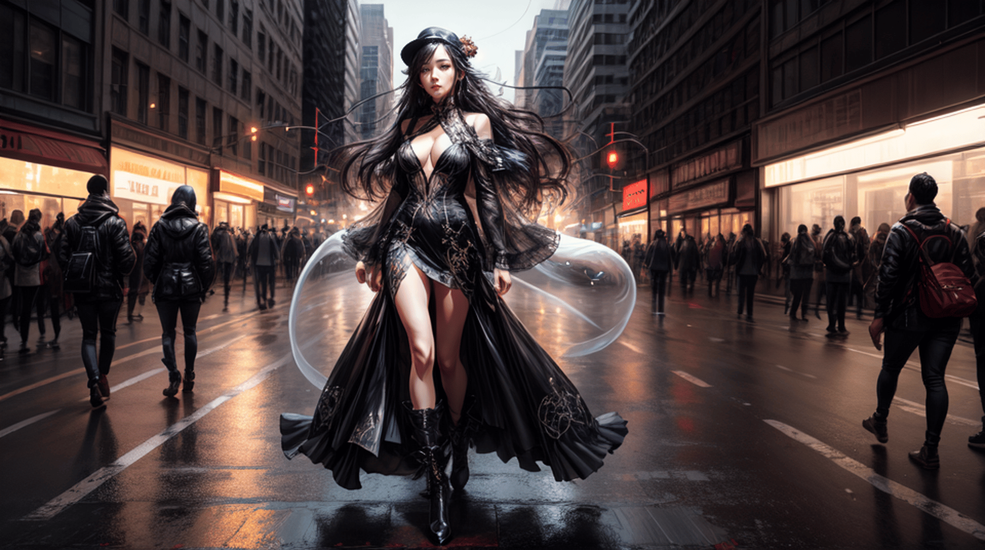 AI generated wallpaper featuring woman, city, street