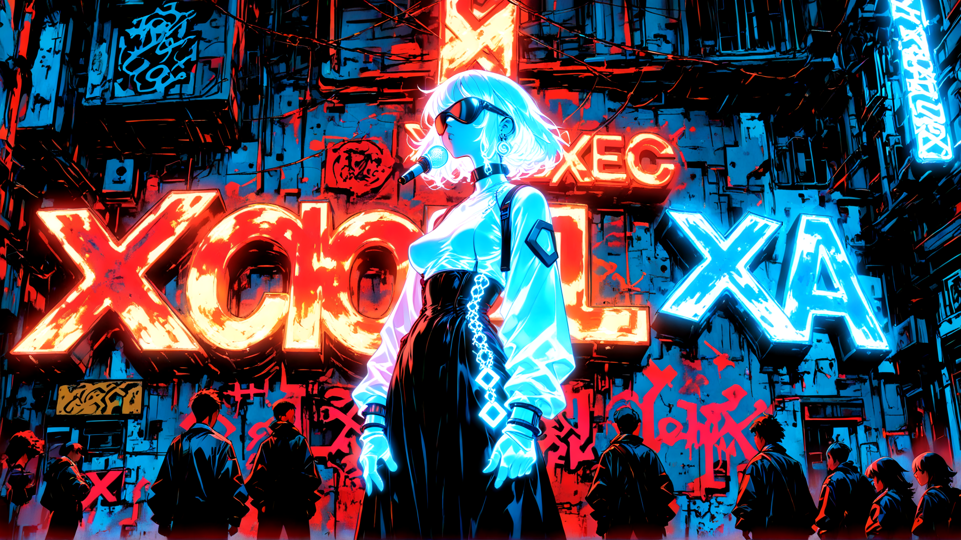 AI generated wallpaper featuring woman, microphone, neon signs, cityscape, people