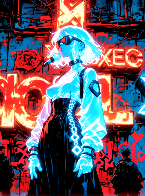 woman, microphone, neon signs, cityscape, people