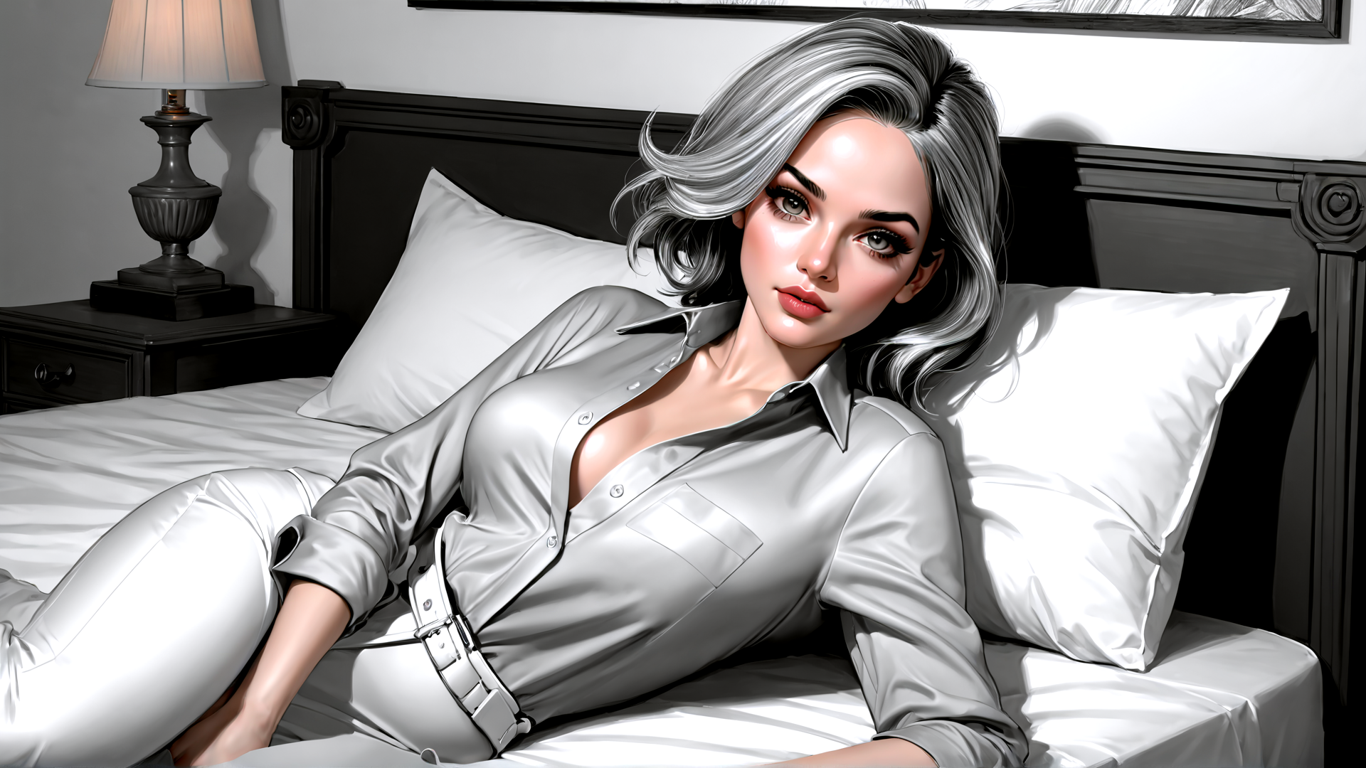 AI generated wallpaper featuring woman, bed, shirt, pants, lamp, pillow