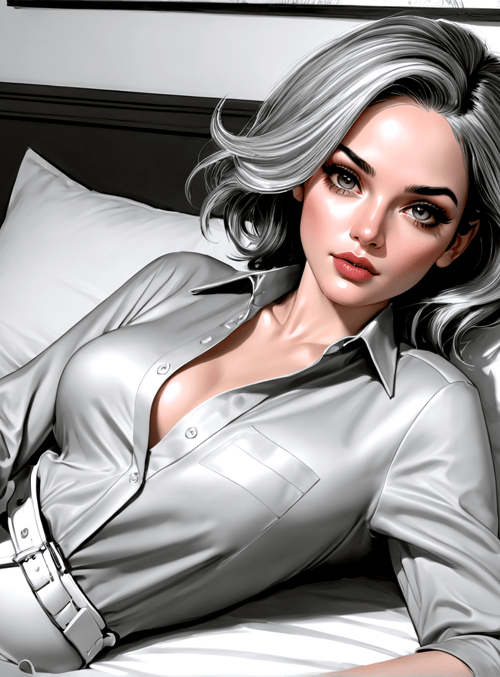 woman, bed, shirt, pants, lamp, pillow