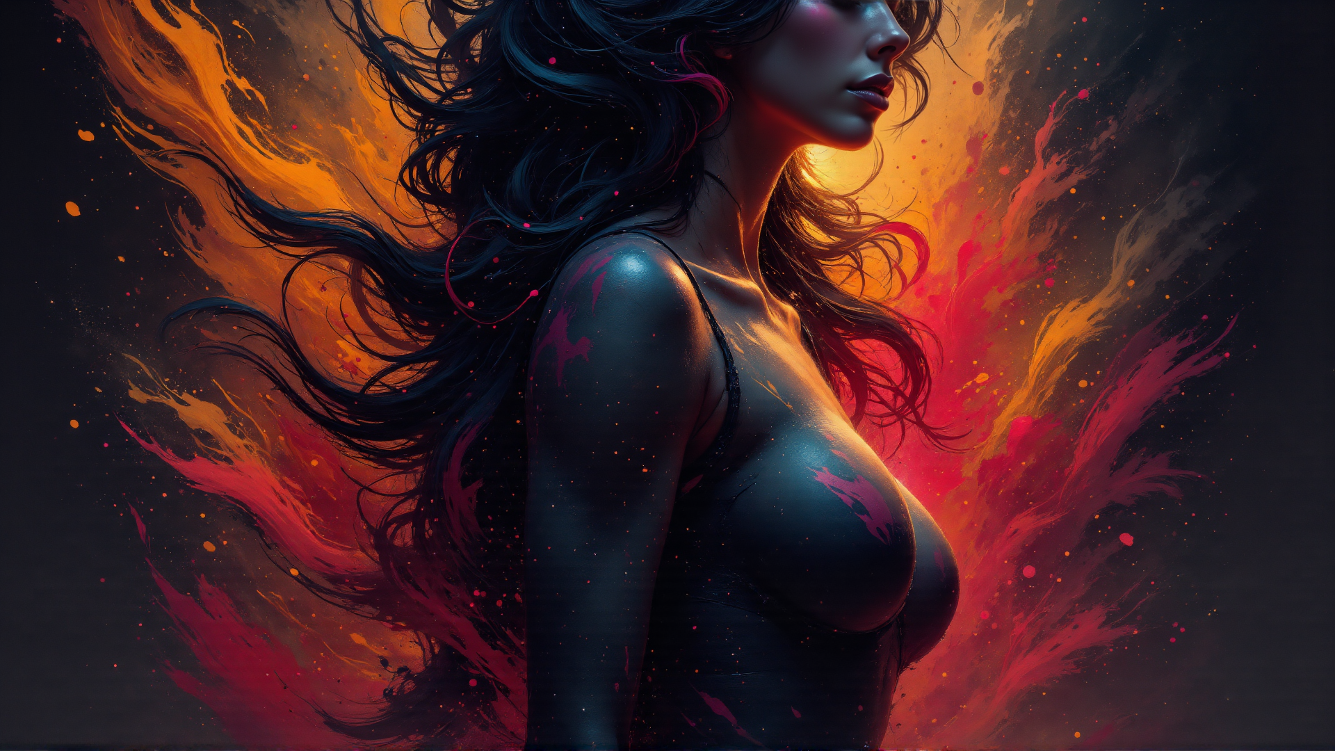 AI generated wallpaper featuring woman, hair, fire
