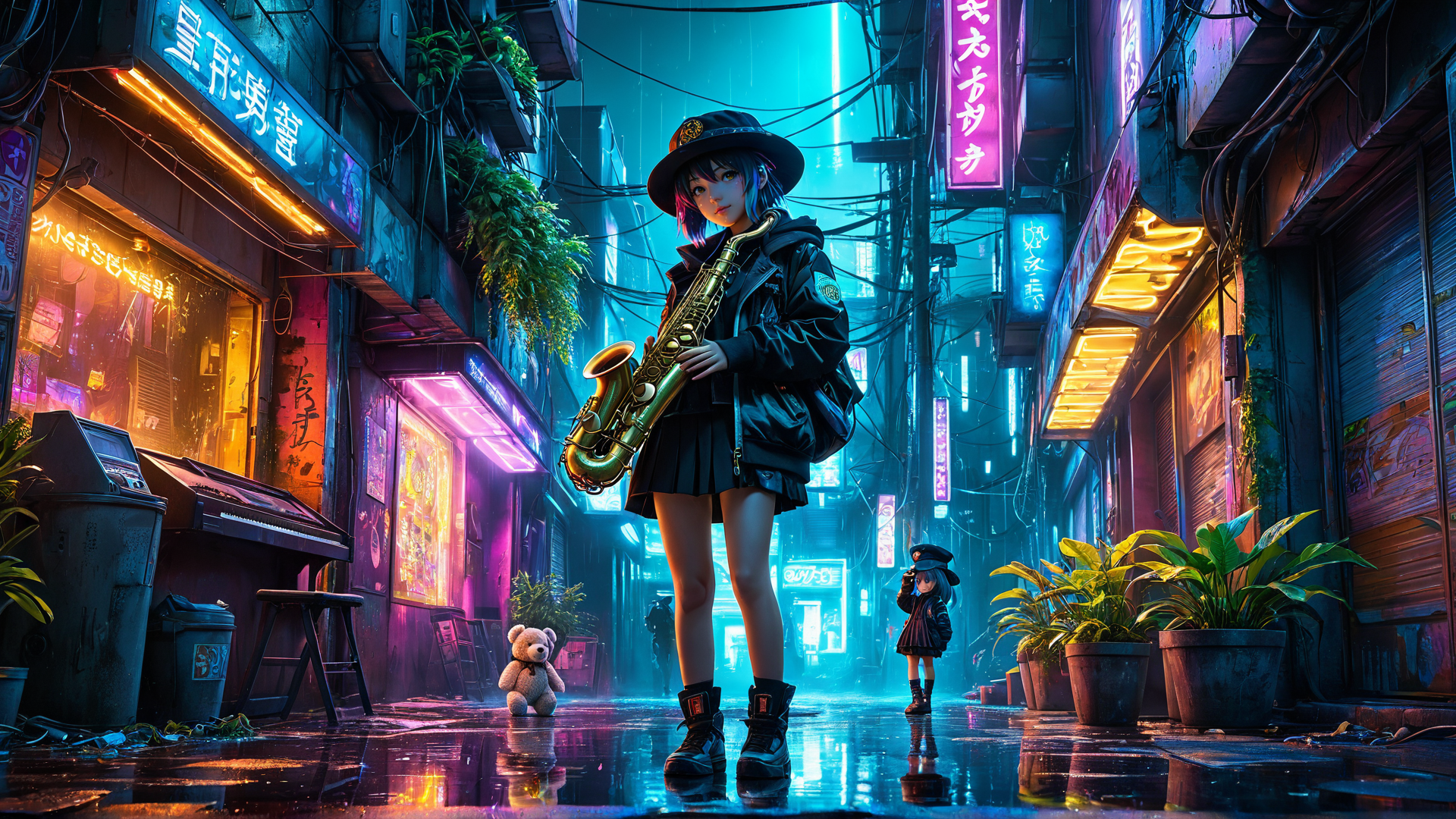 AI generated wallpaper featuring girl, saxophone, teddy bear