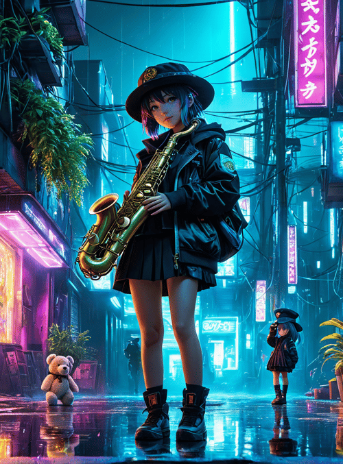 girl, saxophone, teddy bear