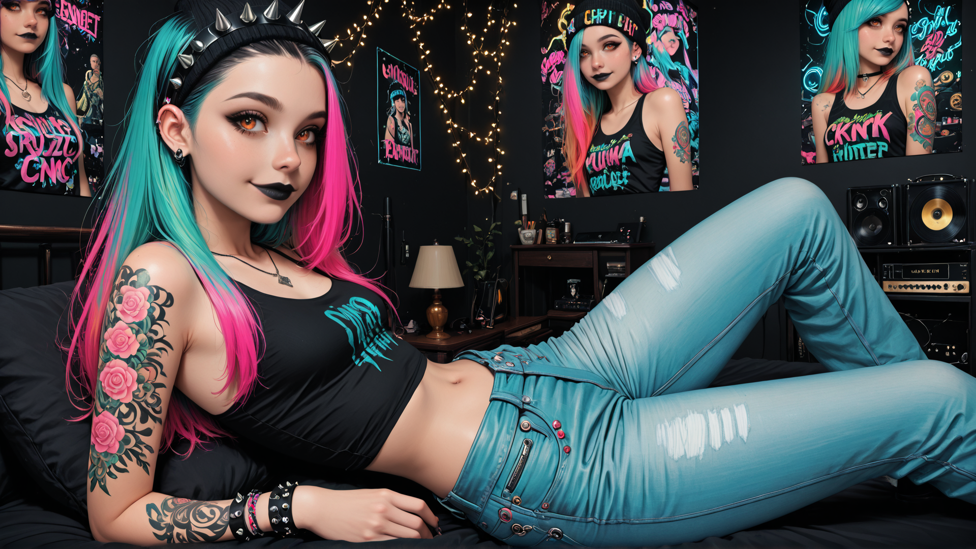 AI generated wallpaper featuring girl, tattoo, jeans, tank top, spikes, bedroom, posters, headband, hair, bracelets