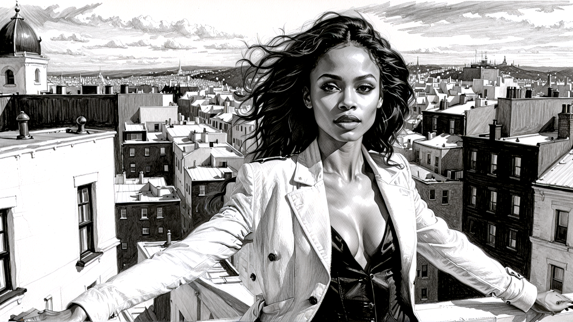 AI generated wallpaper featuring woman, cityscape, rooftop, buildings, skyscrapers, dome, clouds
