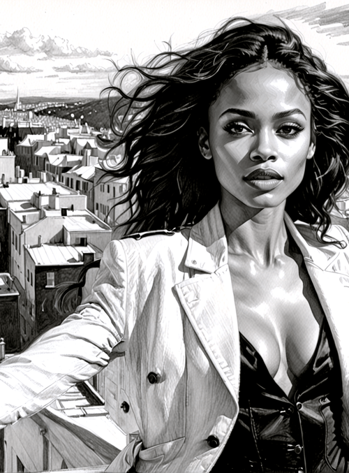 woman, cityscape, rooftop, buildings, skyscrapers, dome, clouds
