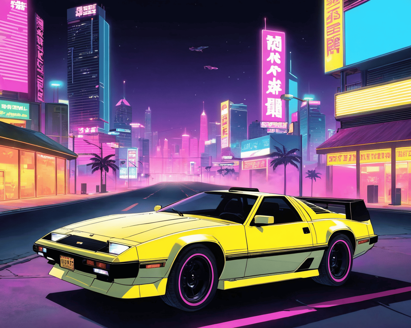 AI generated wallpaper featuring car, city, neon