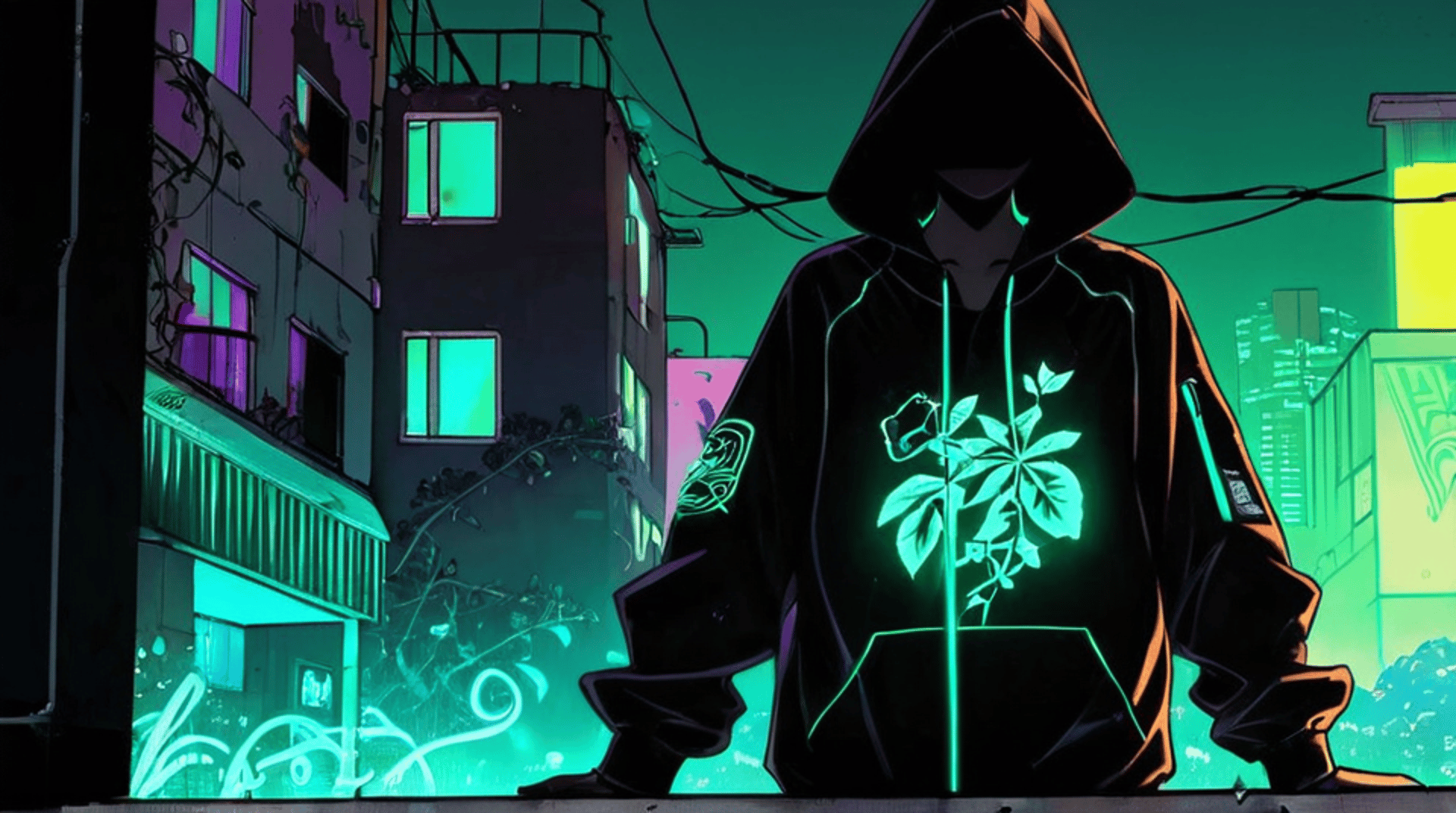 AI generated wallpaper featuring hoodie, urban, silhouette