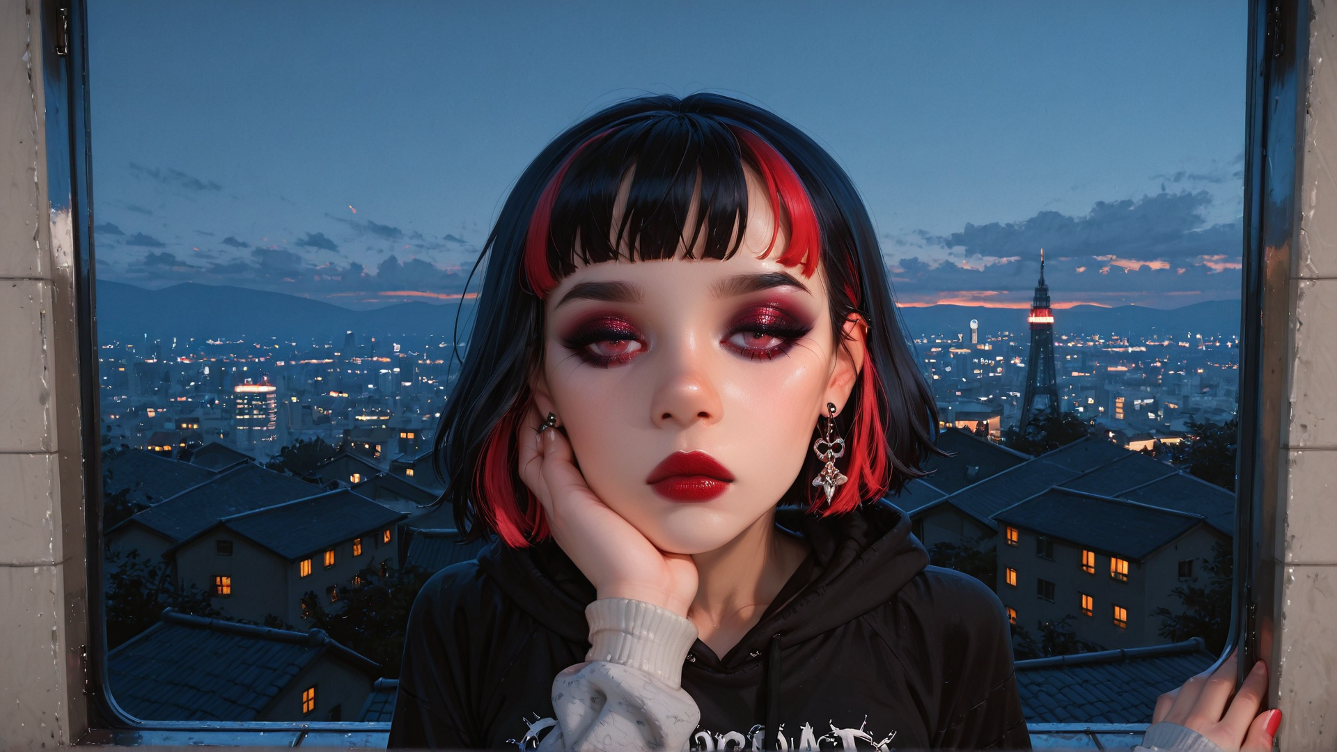 AI generated wallpaper featuring girl, cityscape, window, hair, hoodie, earrings, sunset, buildings, mountains, tajima tower