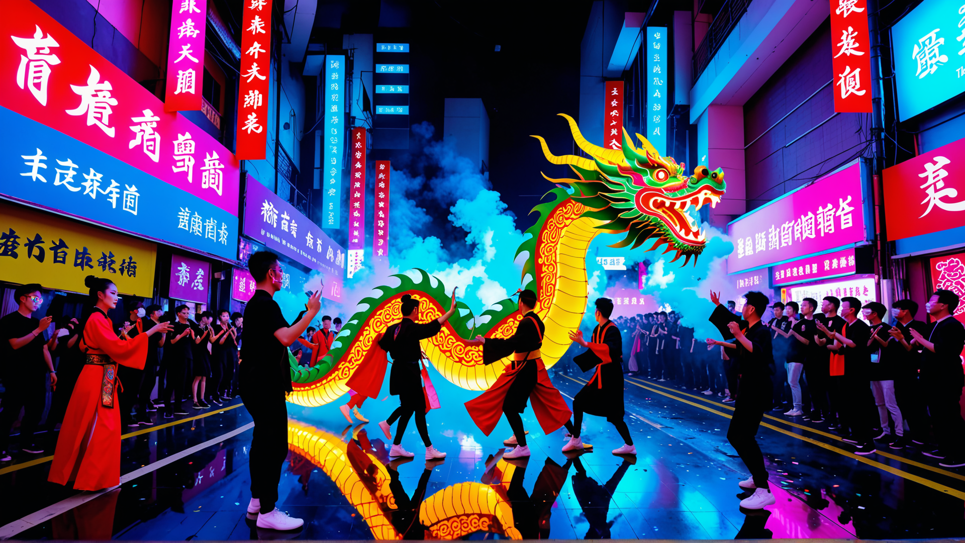 AI generated wallpaper featuring dragon dance, street performers, crowd, signboards, urban night