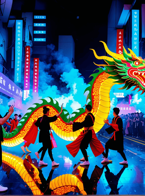 dragon dance, street performers, crowd, signboards, urban night