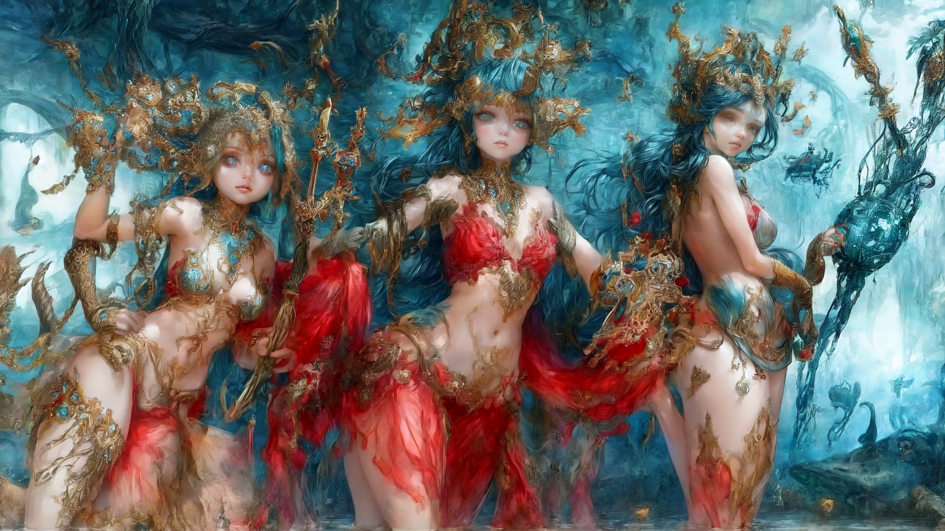 AI generated wallpaper featuring nymphs, females, mermaids