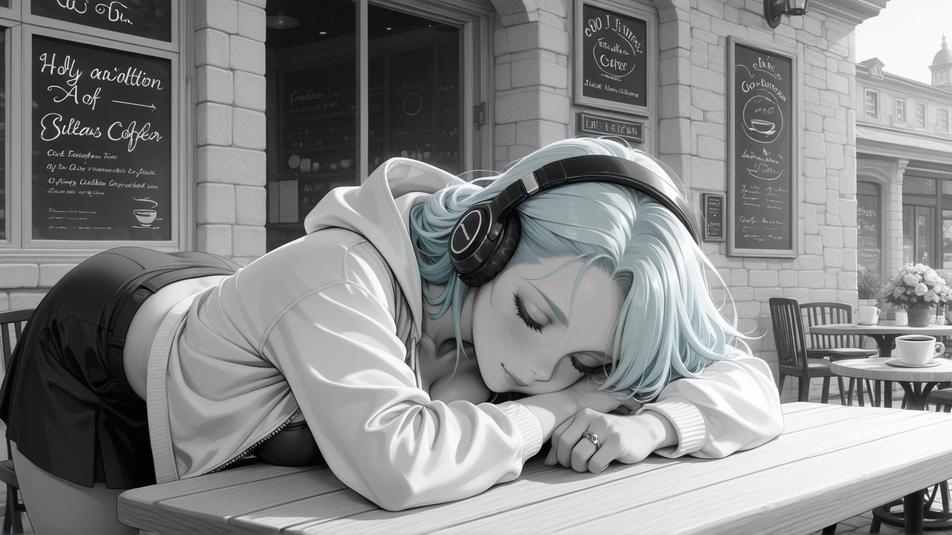 AI generated wallpaper featuring girl, headphones, coffee shop, table, skirt, hoodie, hair